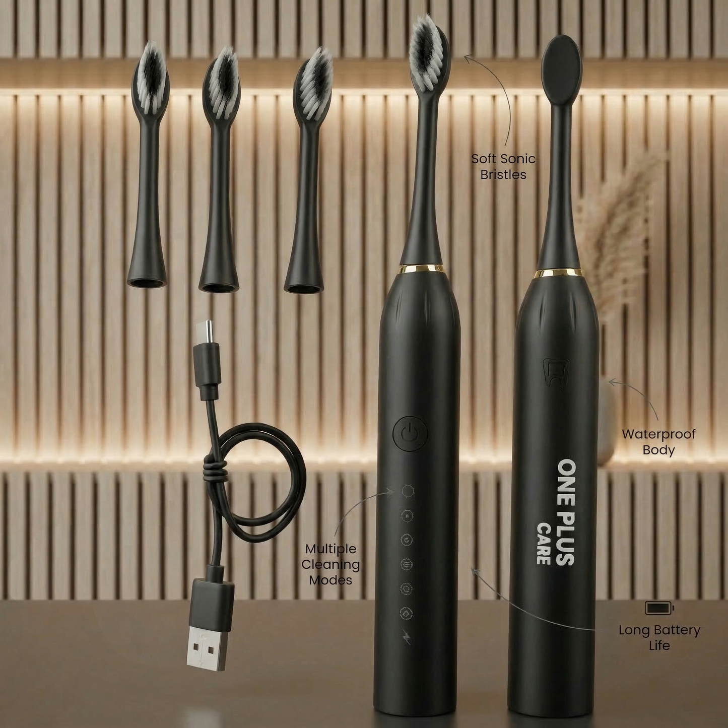 One Plus Cares Electric Toothbrush for Men Woman Adults with 6 Modes, 4 Brush Heads, Good Battery Backup, Rechargeable & IPX7 Waterproof Automatic Power Best Electrical Tooth Brush.