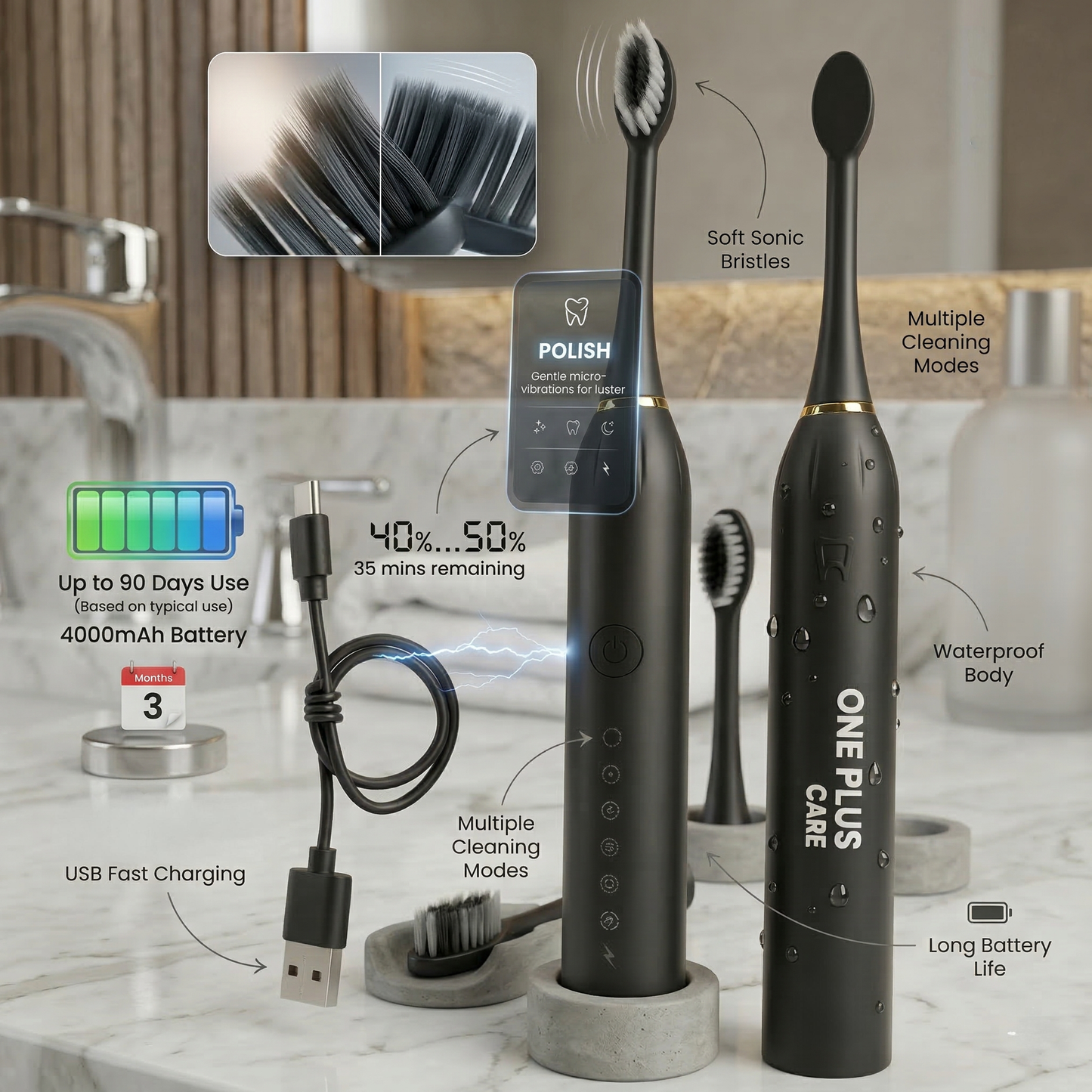 One Plus Cares Electric Toothbrush for Men Woman Adults with 6 Modes, 4 Brush Heads, Good Battery Backup, Rechargeable & IPX7 Waterproof Automatic Power Best Electrical Tooth Brush.