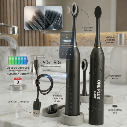 One Plus Cares Electric Toothbrush for Men Woman Adults with 6 Modes, 4 Brush Heads, Good Battery Backup, Rechargeable & IPX7 Waterproof Automatic Power Best Electrical Tooth Brush.