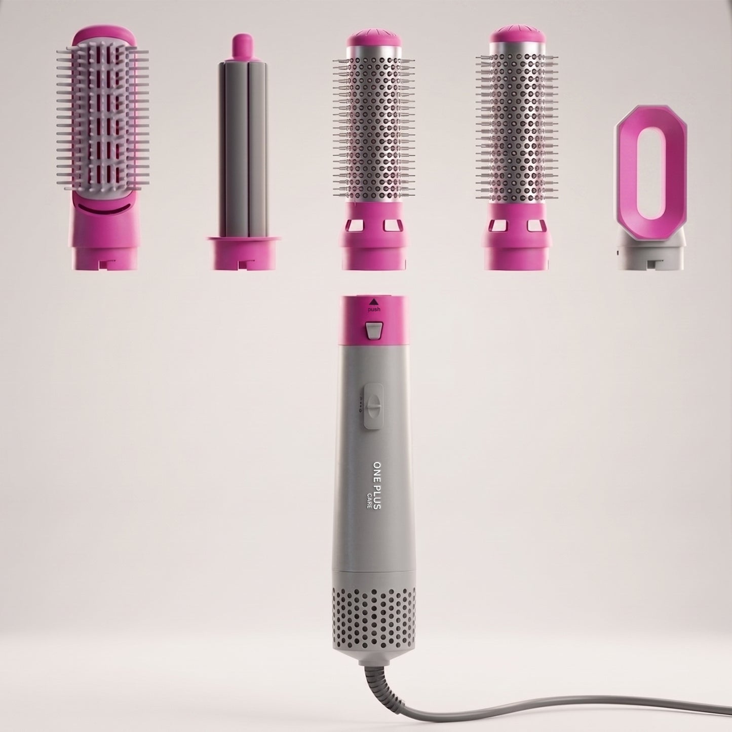 One Plus Care 5-in-1 Hot Air Brush dries, smooths, and volumizes in one step. 1200W power, ceramic coating, and negative ion tech reduce frizz and static for salon-style straight or curly hair at home.