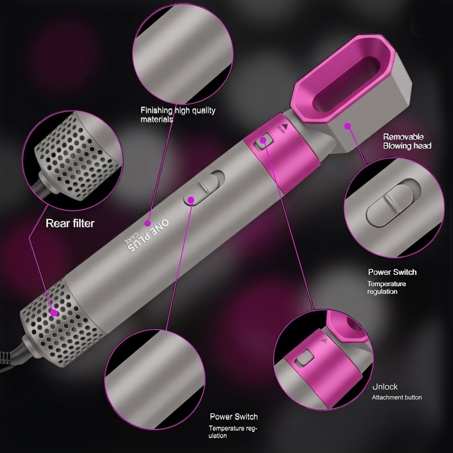 One Plus Care 5-in-1 Hot Air Brush dries, smooths, and volumizes in one step. 1200W power, ceramic coating, and negative ion tech reduce frizz and static for salon-style straight or curly hair at home.