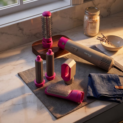 One Plus Care 5-in-1 Hot Air Brush dries, smooths, and volumizes in one step. 1200W power, ceramic coating, and negative ion tech reduce frizz and static for salon-style straight or curly hair at home.