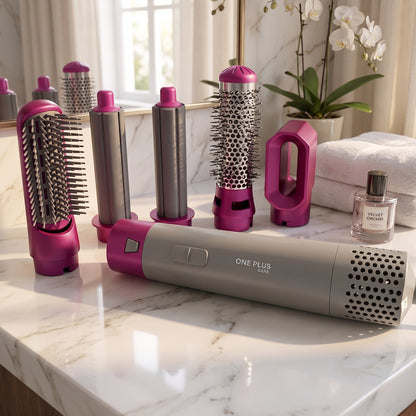 One Plus Care 5-in-1 Hot Air Brush dries, smooths, and volumizes in one step. 1200W power, ceramic coating, and negative ion tech reduce frizz and static for salon-style straight or curly hair at home.
