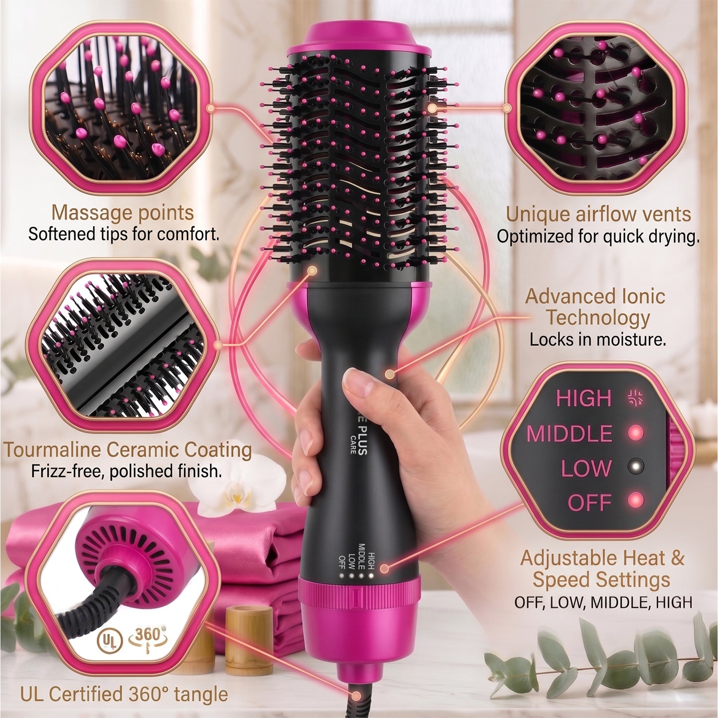 One Plus Cares Electric Blow Hot Air Brush 3 IN 1 Professional Hair Dryer Brush| One Step Hair Dryer Styler Volumizer & Hair Curler| Negative Ions Comb Straightener Salon/Curly Reduce Frizz/Static.