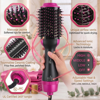 One Plus Cares Electric Blow Hot Air Brush 3 IN 1 Professional Hair Dryer Brush| One Step Hair Dryer Styler Volumizer & Hair Curler| Negative Ions Comb Straightener Salon/Curly Reduce Frizz/Static.