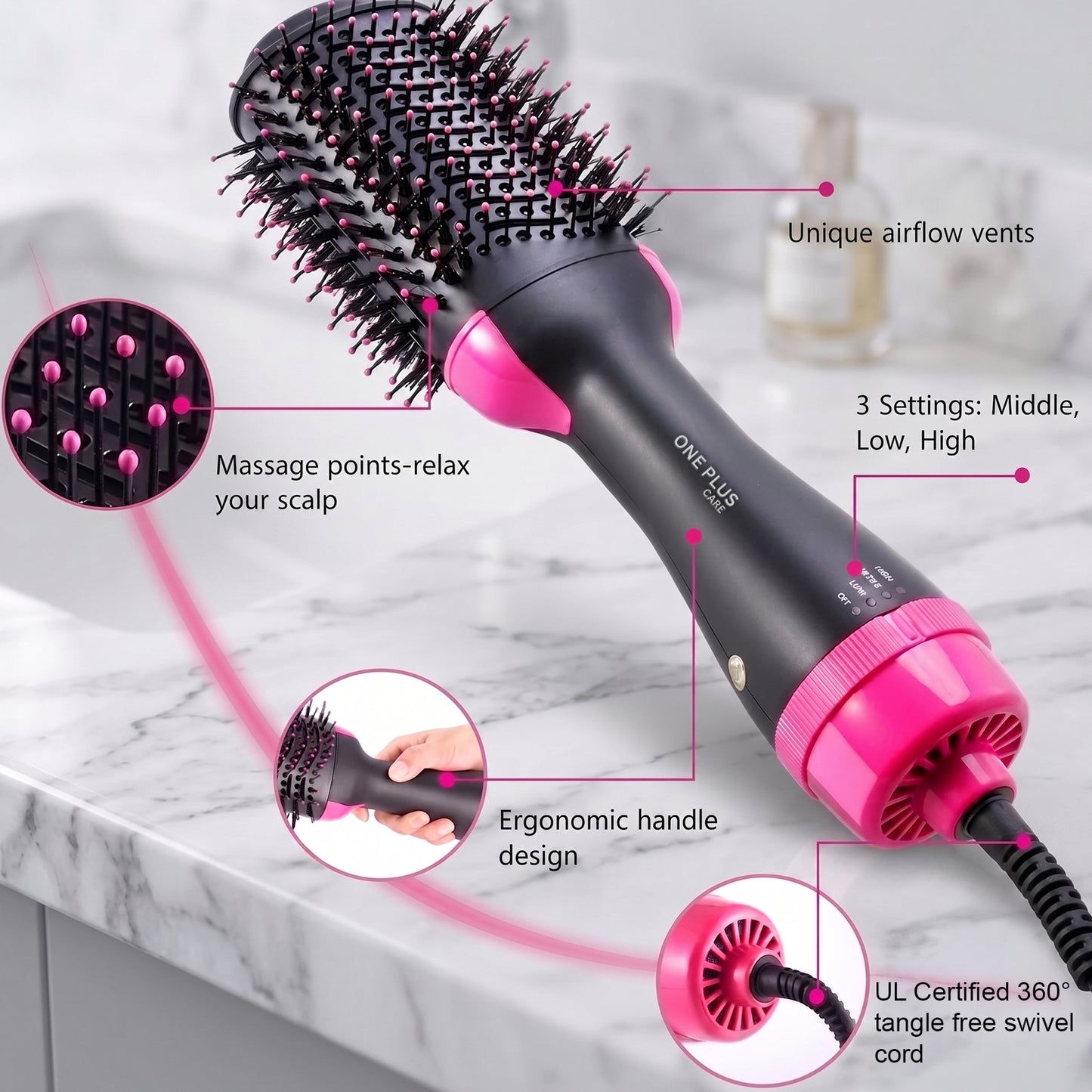 One Plus Cares Electric Blow Hot Air Brush 3 IN 1 Professional Hair Dryer Brush| One Step Hair Dryer Styler Volumizer & Hair Curler| Negative Ions Comb Straightener Salon/Curly Reduce Frizz/Static.