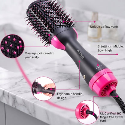 One Plus Cares Electric Blow Hot Air Brush 3 IN 1 Professional Hair Dryer Brush| One Step Hair Dryer Styler Volumizer & Hair Curler| Negative Ions Comb Straightener Salon/Curly Reduce Frizz/Static.