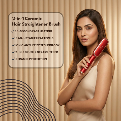 2 in 1 Ceramic Hair Straightener Brush for Women, Fast Straightening Comb Electric Hot with 30s Heating, Ionic Care, 5 Heat Settings, No Damage